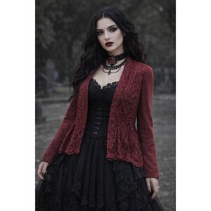 Chico's Size 1 Burgundy Faux Suede Lace latch-front Peplum Jaket